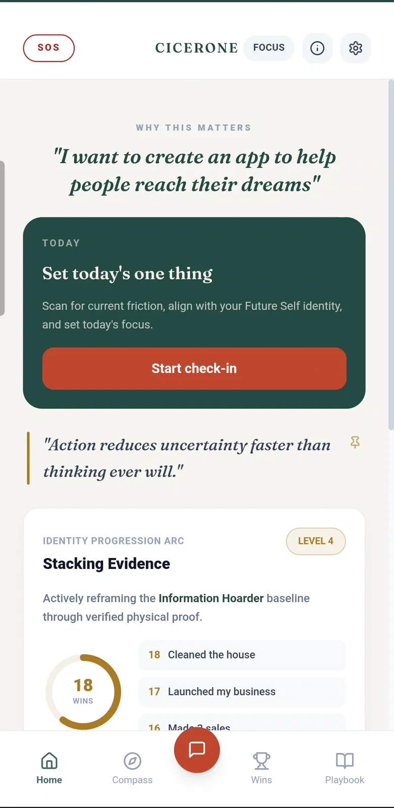 The Cicerone Method app home screen: today's one thing, an identity progression card, and 18 logged wins